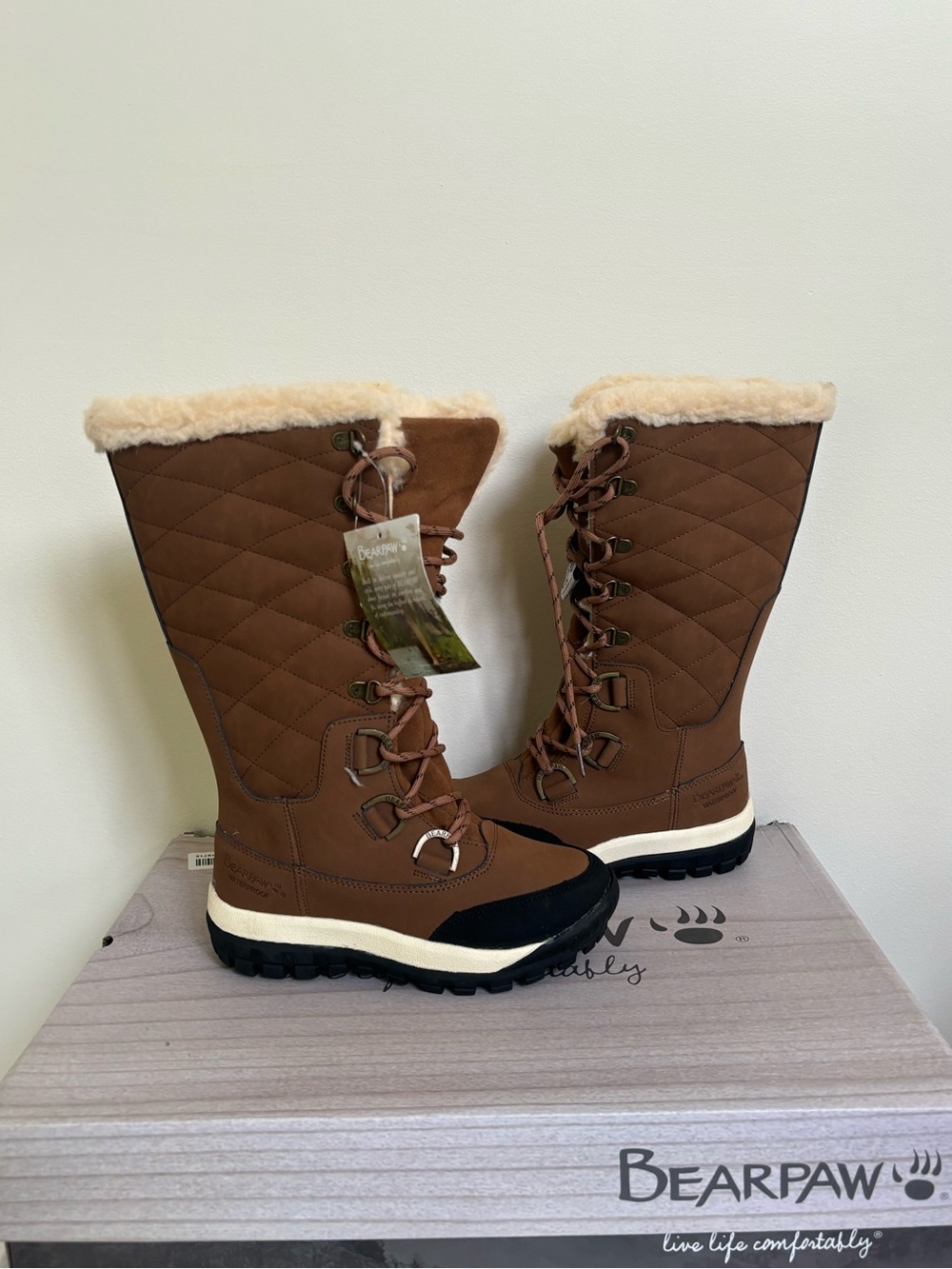 BEARPAW Isabella Tall Leather Winter Boots Size 5M Womens Hickory Eu36 NWB